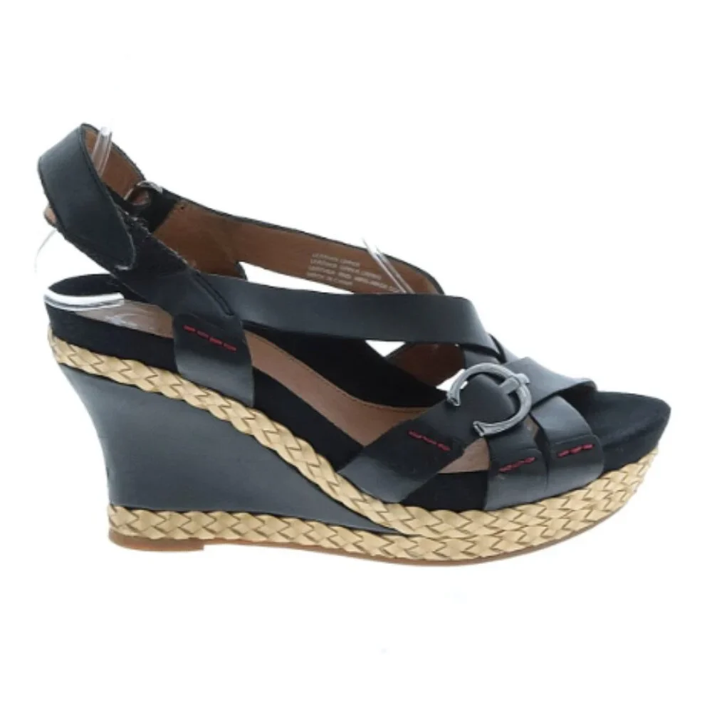 NWOT Earthies Black Wedge Sandals with Cross Straps and Platform Heel